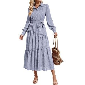 Maxi Dress XL crepe & shimmer floral long-sleeve Belt lined floral pockets NWT